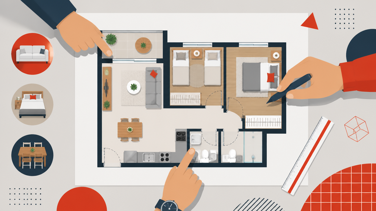 Ilustração de planta baixa de apartamento sendo analisada para comparar layout e metragem