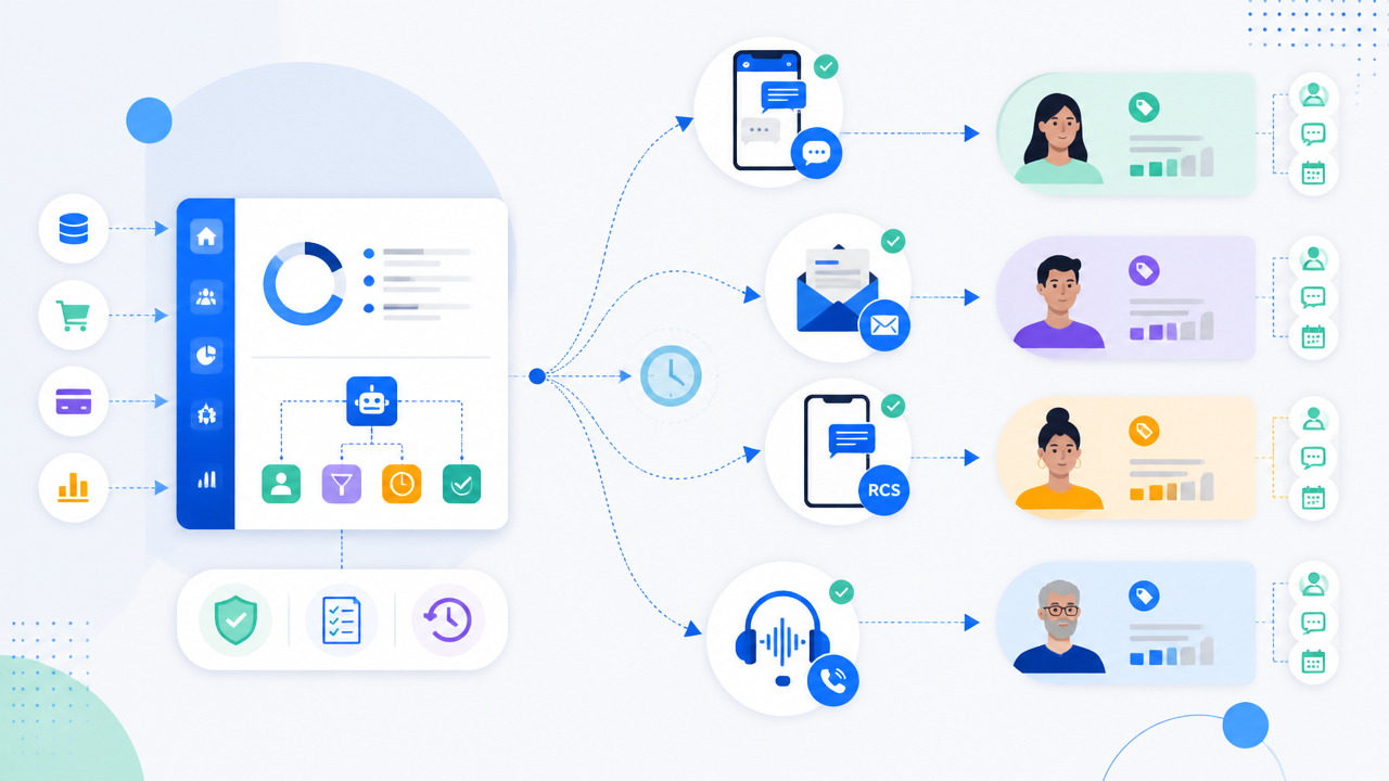 Ilustração de plataforma de cobrança omnicanal conectando WhatsApp, email, RCS e voz a diferentes perfis de clientes.