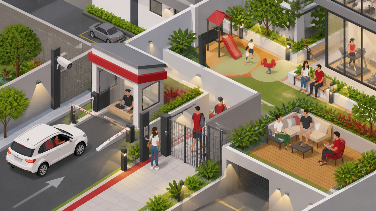Ilustração de portaria e áreas comuns seguras em condomínio residencial
