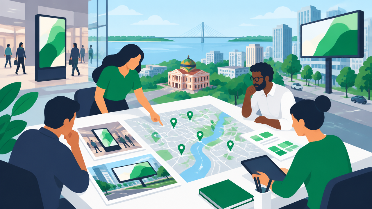 Ilustração de profissionais comparando opções de mídia OOH em um mapa urbano com telas e pontos de consumo