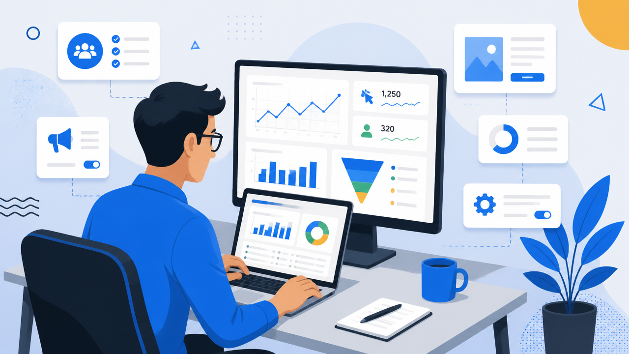 Ilustração de profissional analisando campanhas de tráfego pago em dashboards de marketing digital