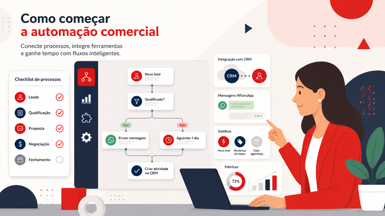Ilustração de profissional configurando fluxos de automação comercial em painel digital