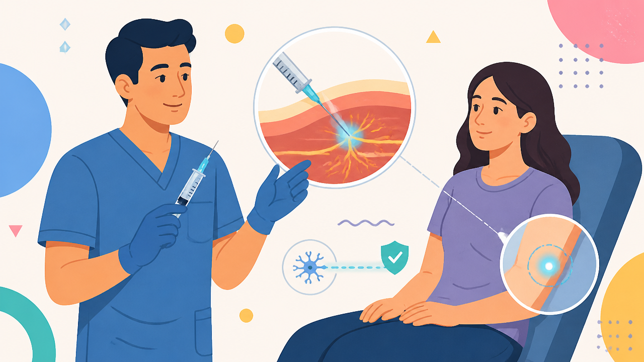 Ilustração de profissional de saúde explicando o efeito da anestesia local em uma pequena área do corpo