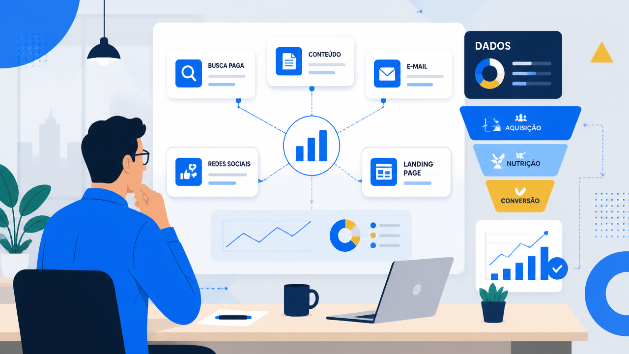 Ilustração de profissional integrando mídia paga, conteúdo, e-mail e métricas em uma estratégia de marketing digital.