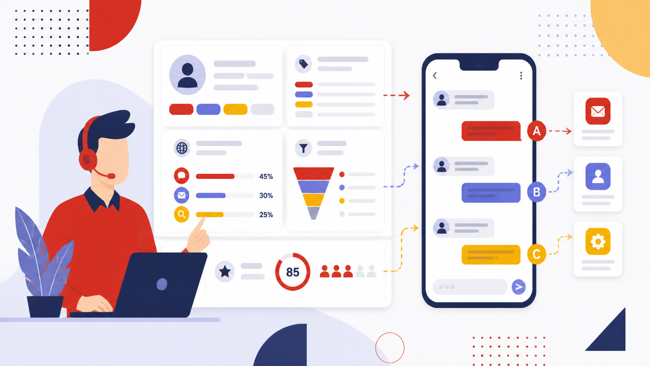 Ilustração de qualificação automática de leads com conversa no WhatsApp ligada a campos e etapas do CRM.