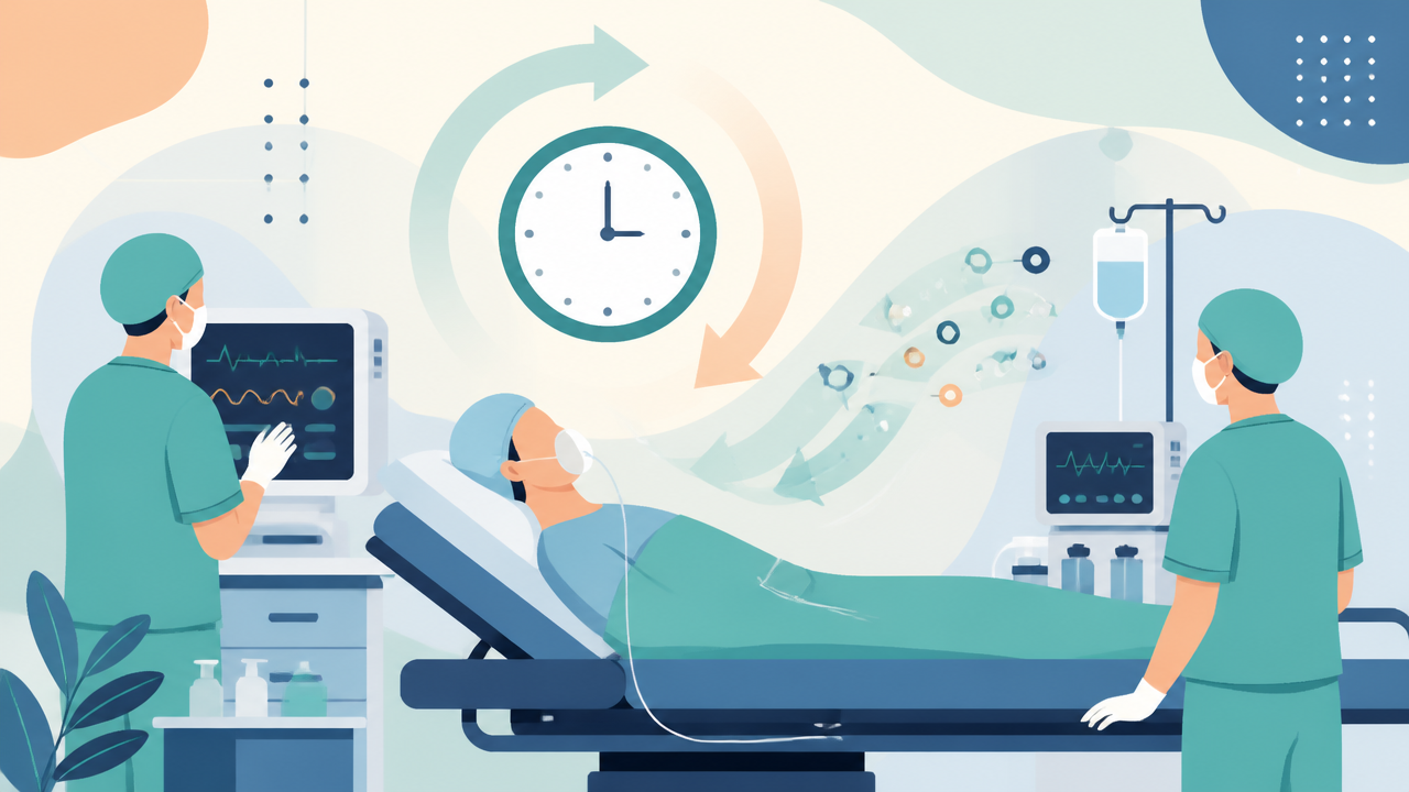 Ilustração de recuperação após anestesia geral em ambiente cirúrgico com relógio e monitores.