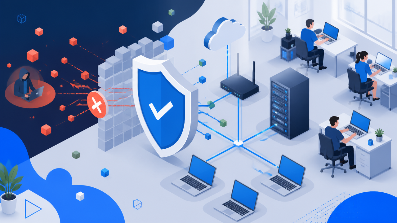 Ilustração de rede corporativa protegida por um firewall em ambiente de escritório.