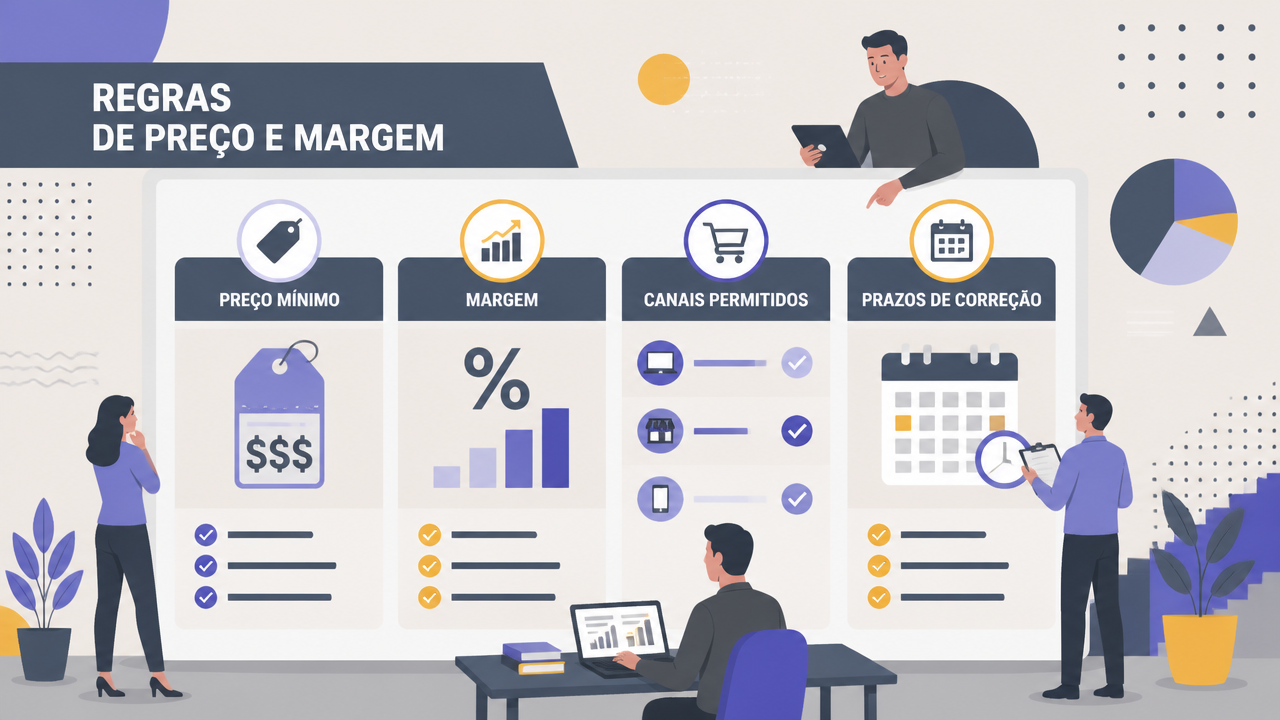 Ilustração de regras de preço, margem e canais de venda para parceiros comerciais.