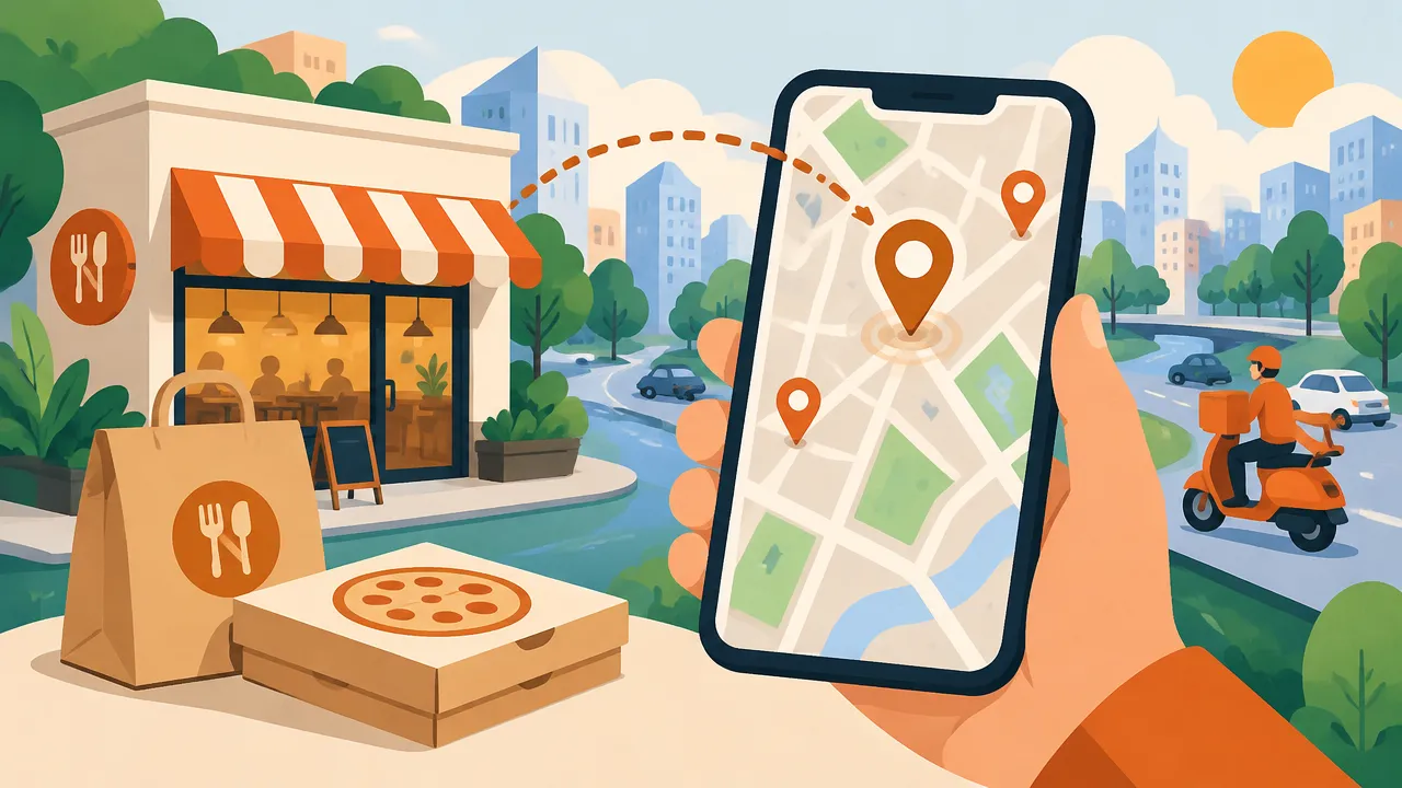 Restaurante de delivery destacado em mapa estilo Google Maps