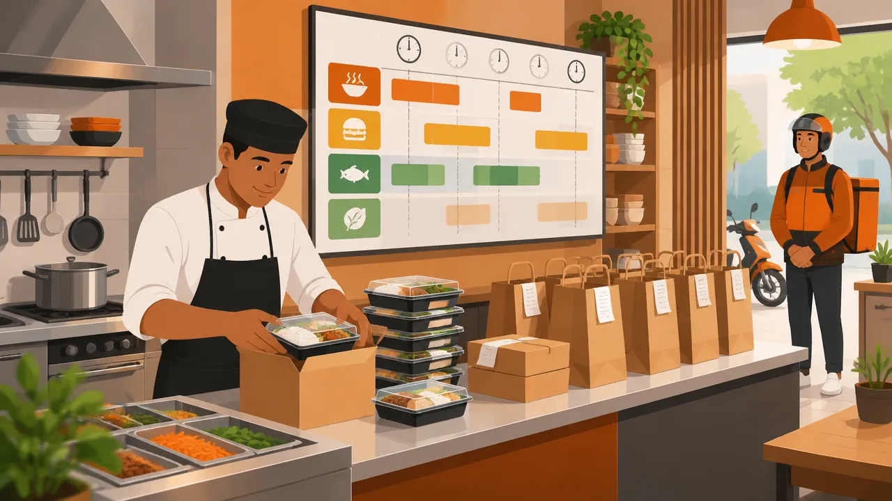 Ilustração de restaurante organizando refeições e entregas em horários agendados
