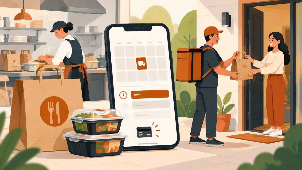 Ilustração de restaurante organizando um pedido agendado e pagamento na entrega