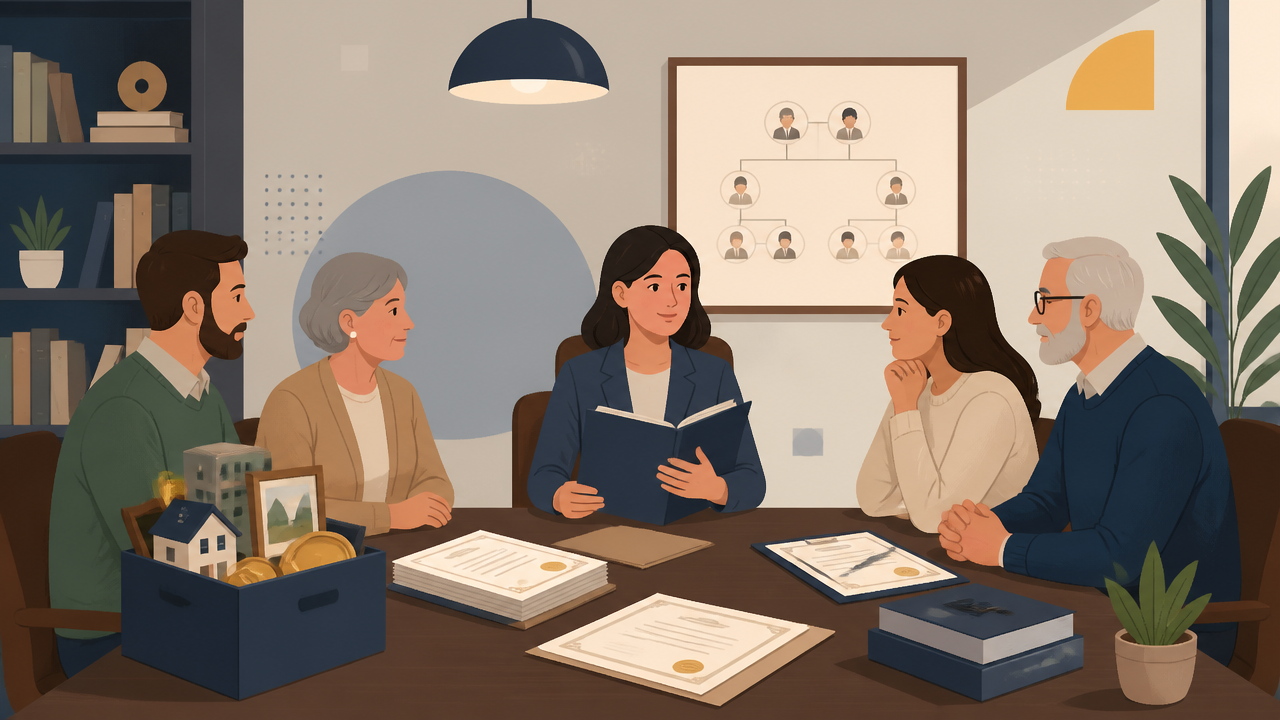 Ilustração de reunião sobre inventário, partilha de bens e documentos de família em escritório jurídico