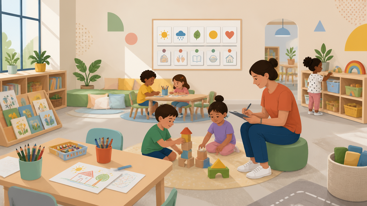 Ilustração de sala de educação infantil com estações de aprendizagem, crianças explorando materiais e professora observando.