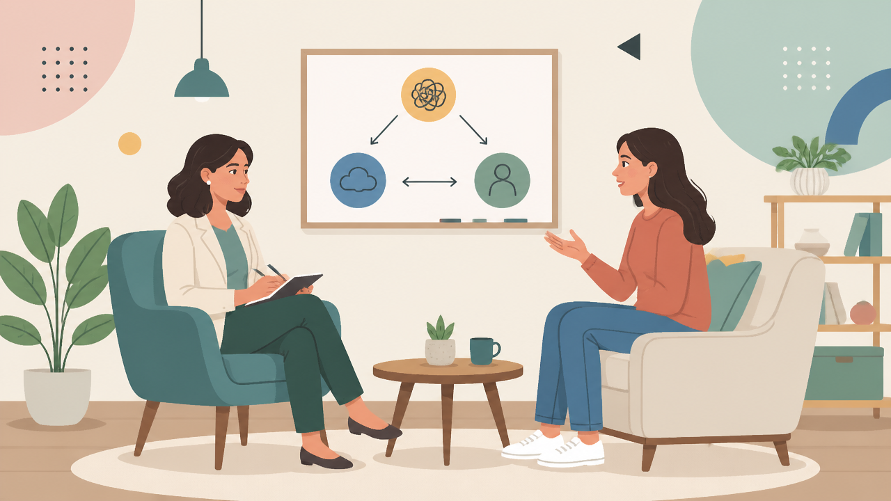 Ilustração de sessão de psicoterapia com foco em tratamento baseado em evidências para TOC