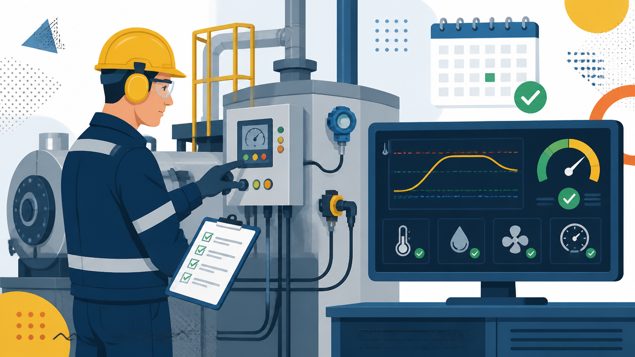 Ilustração de técnico realizando manutenção preventiva em equipamento térmico com monitoramento de temperatura.