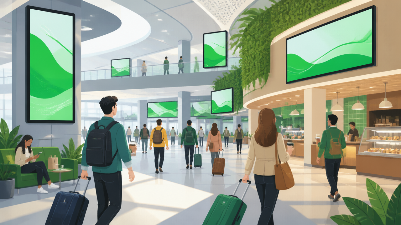 Ilustração de telas digitais em circulação de empreendimento e área premium de aeroporto para mostrar cobertura em DOOH.