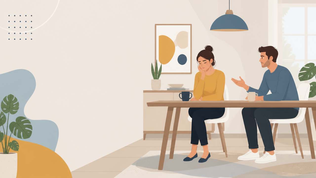 Ilustração de um casal com dificuldade de diálogo em casa