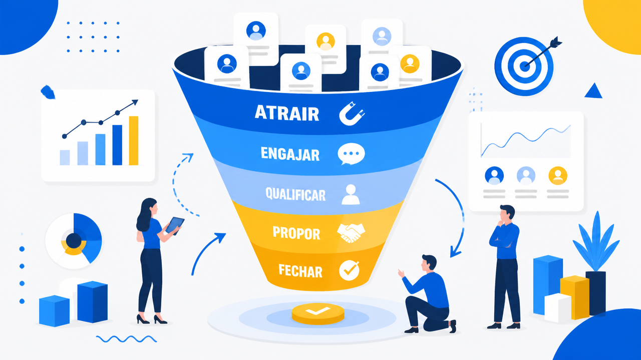 Ilustração de um funil de vendas com etapas visuais e elementos de análise de conversão.