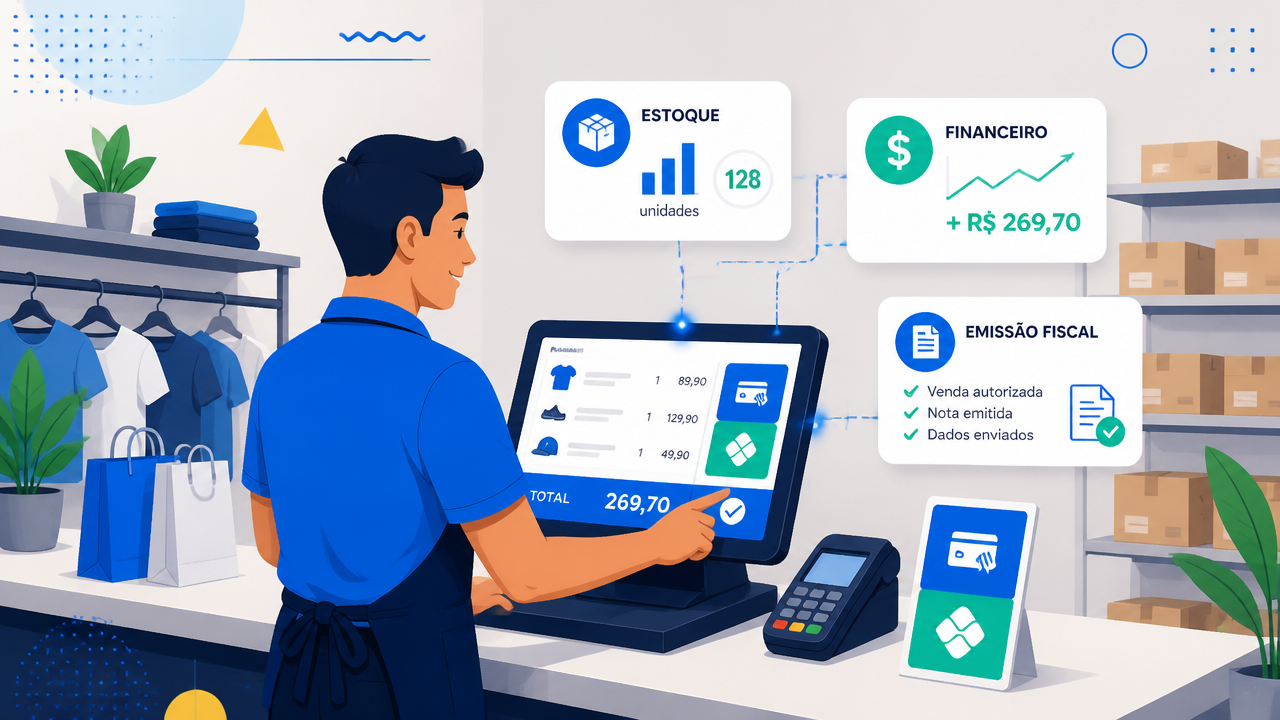 Ilustração de um ponto de venda integrado ao ERP com estoque, financeiro e emissão fiscal em tempo real