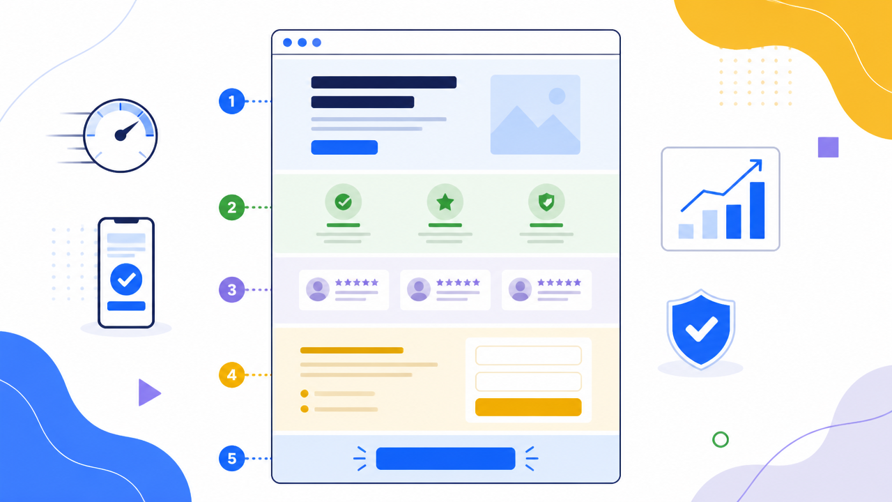 Ilustração de um wireframe de página de conversão com título, benefícios, prova social e formulário curto.