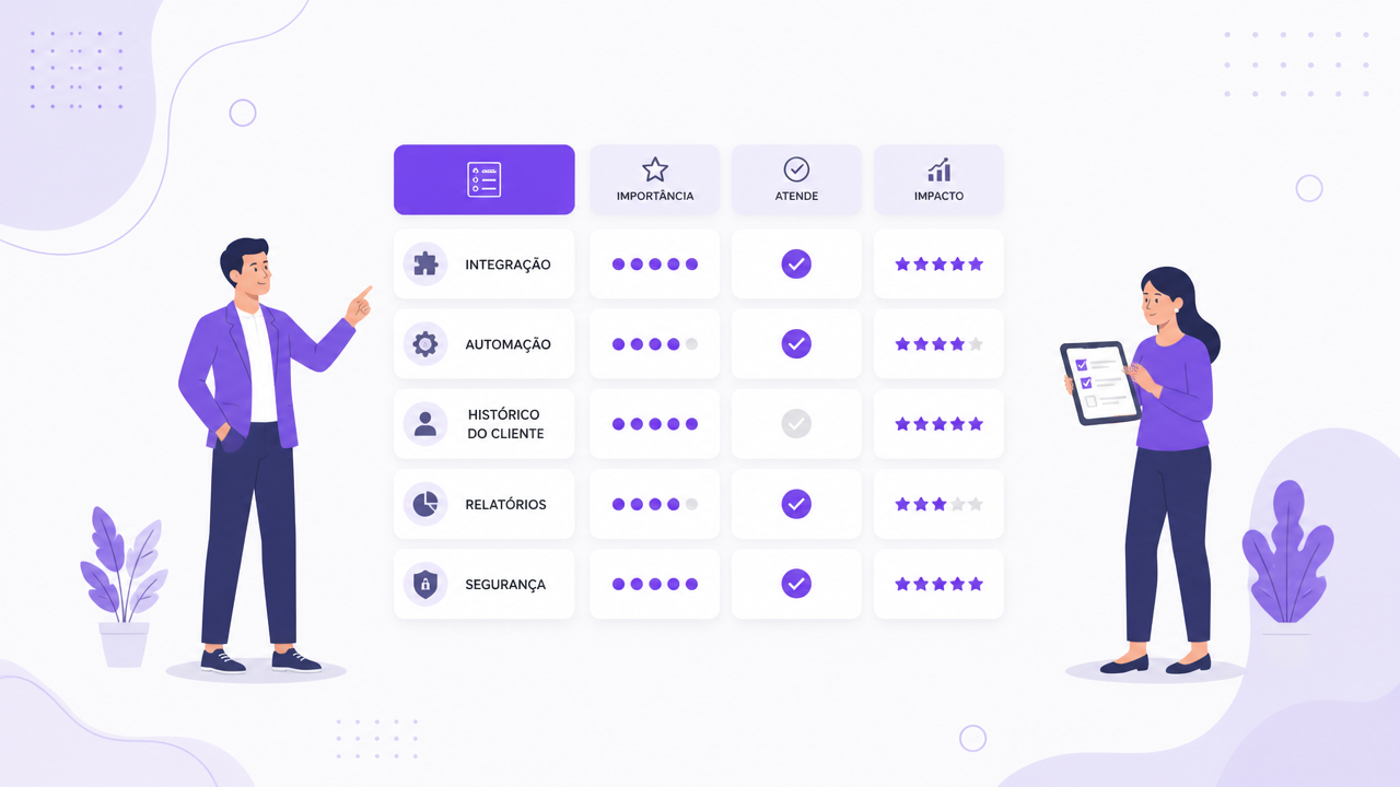 Ilustração de uma matriz de decisão com critérios para escolher uma plataforma de atendimento omnichannel