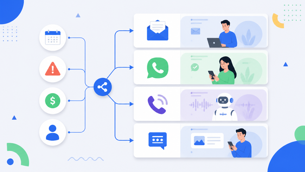 Ilustração de uma matriz de decisão para escolher canais de cobrança digital conforme urgência e perfil do cliente.