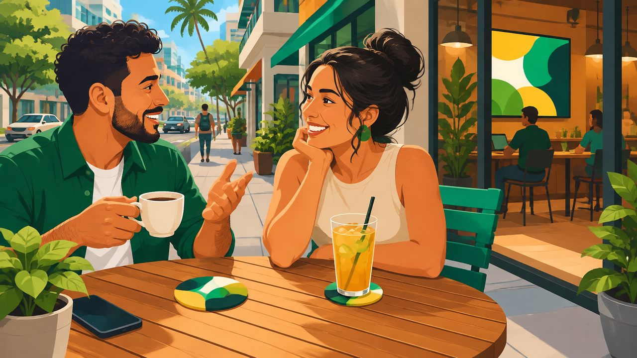 Ilustração de uma mesa de café em Manaus com consumidores e pontos de mídia locais, representando publicidade OOH hiperlocal