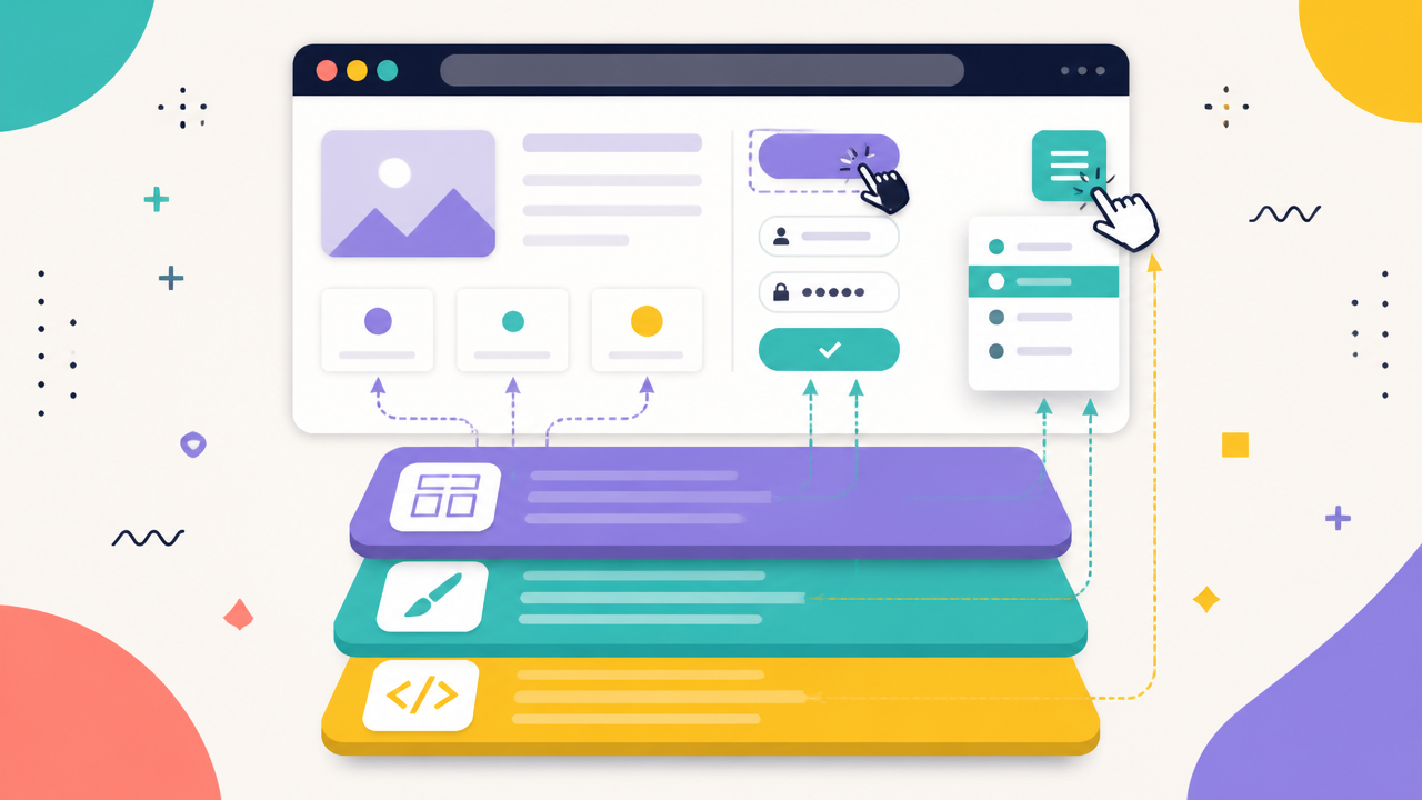 Ilustração de uma página web em camadas mostrando estrutura, estilo e interatividade com JavaScript.