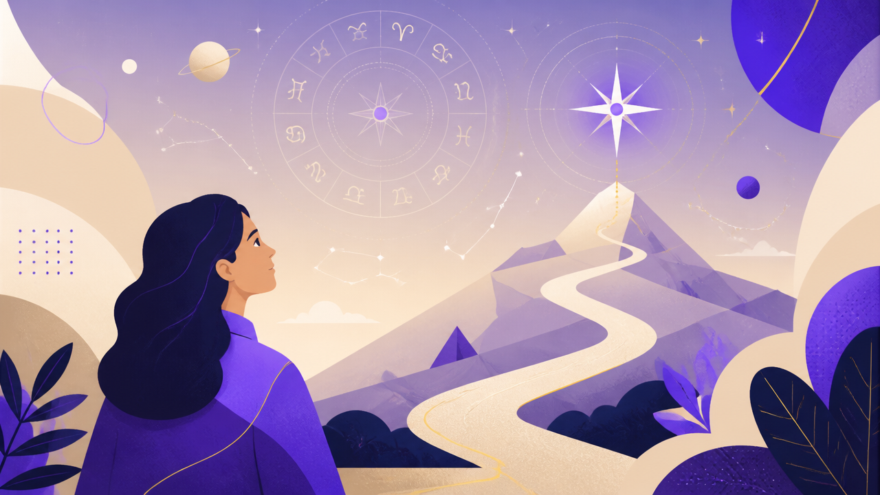 Ilustração de uma pessoa olhando para um céu astrológico simbólico, representando propósito e direção de vida.
