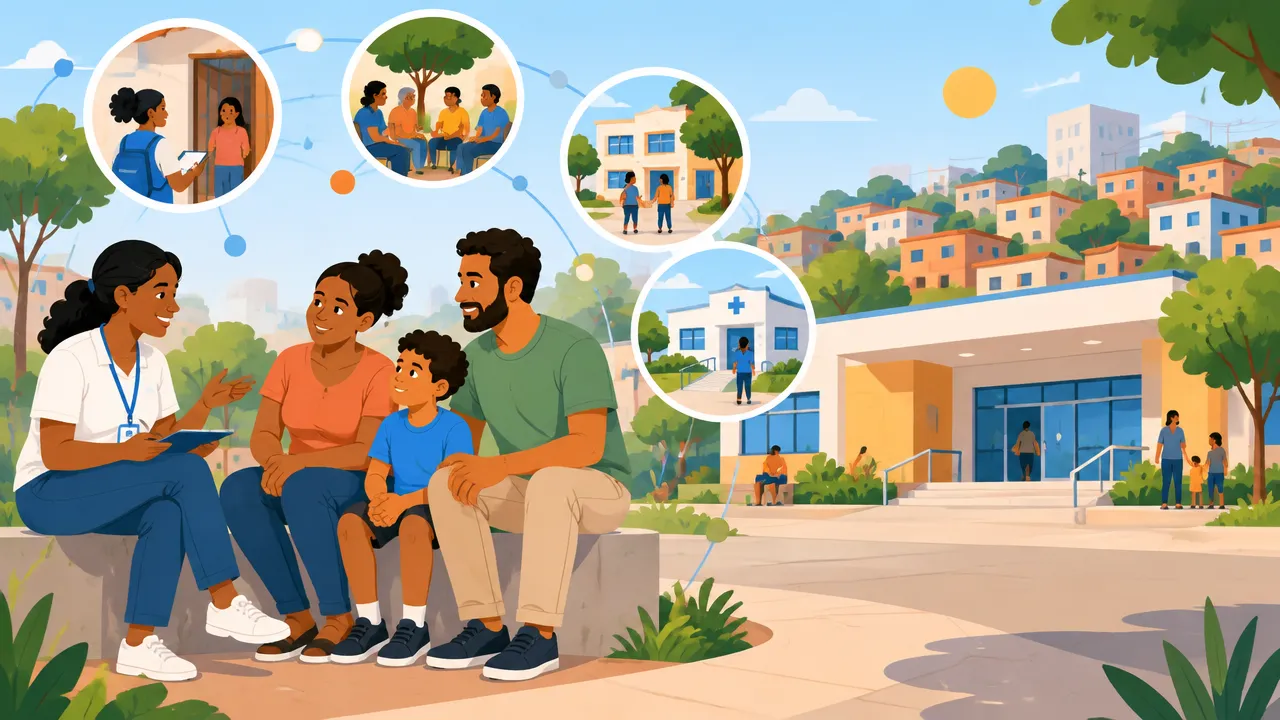 Como o CRAS fortalece a assistência social municipal 1 Ilustração de uma profissional acolhendo uma família em um bairro e conectando o atendimento a serviços comunitários.
