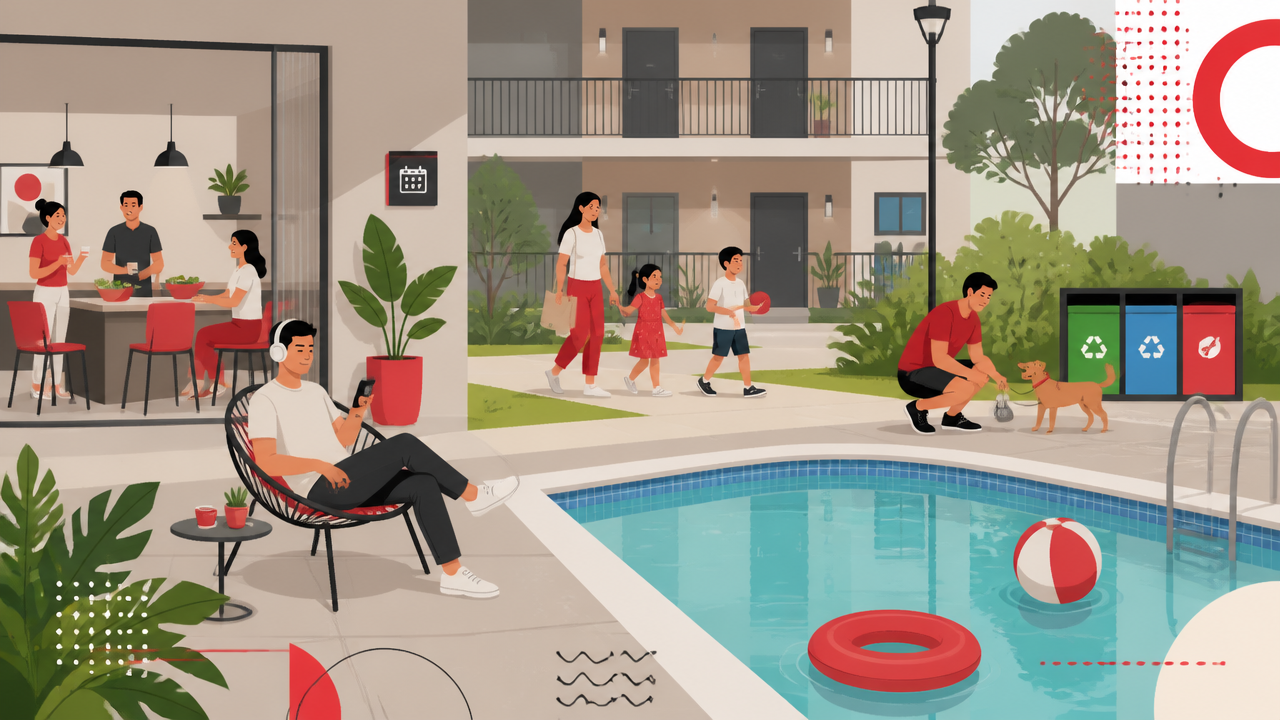 Ilustração de uso organizado das áreas comuns em condomínio residencial