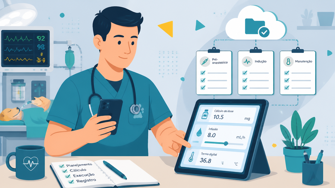 Ilustração de veterinário organizando cálculos anestésicos e registros digitais em dispositivos móveis.