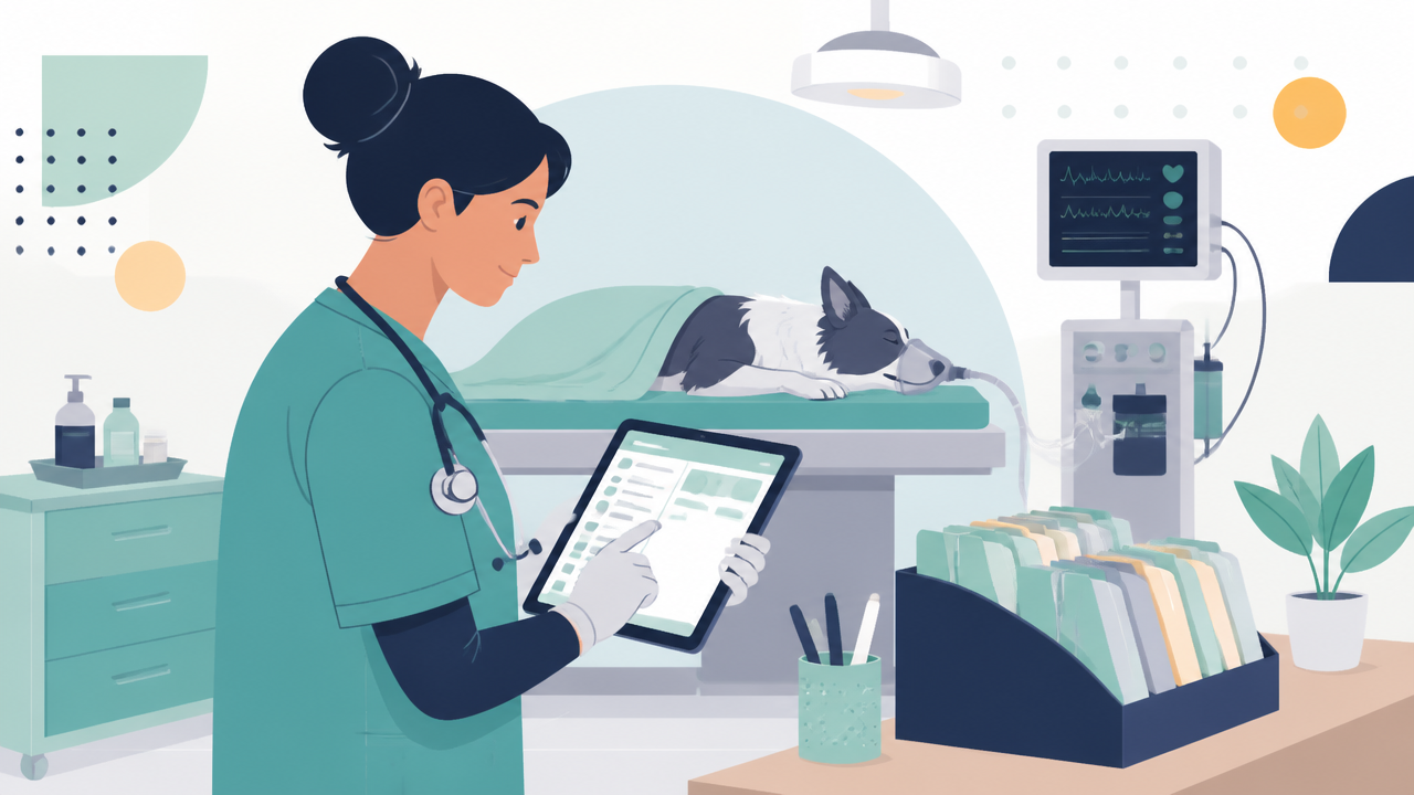 Ilustração de veterinário usando ficha anestésica digital em tablet durante monitorização.