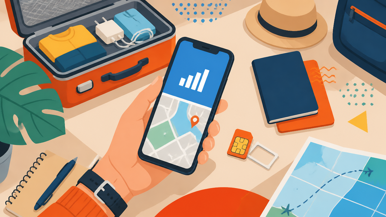 Ilustração de viajante planejando internet móvel para usar no exterior com celular, chip e itens de viagem.