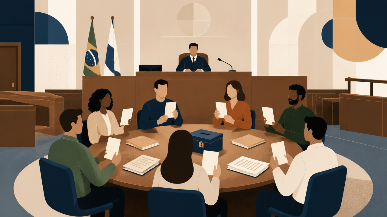 Ilustração do conselho de sentença com sete jurados e juiz presidente em sessão de julgamento.