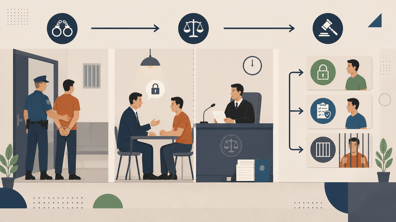 Ilustração do fluxo da audiência de custódia, da apresentação ao juiz até a decisão judicial