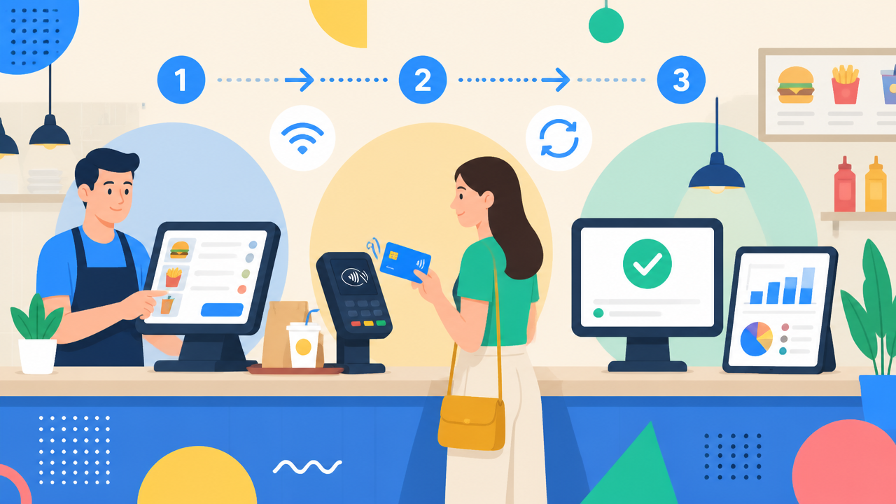 Ilustração do fluxo de pagamento integrado entre PDV e terminal em restaurante
