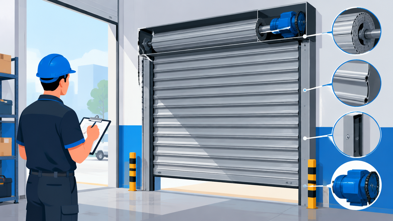 Ilustração dos componentes de uma porta de enrolar, como lâminas, guias e motor, considerados no orçamento