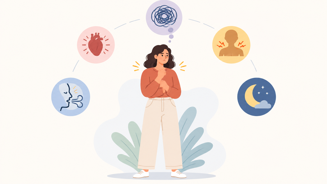 Ilustração dos sinais físicos e emocionais que podem acompanhar a ansiedade