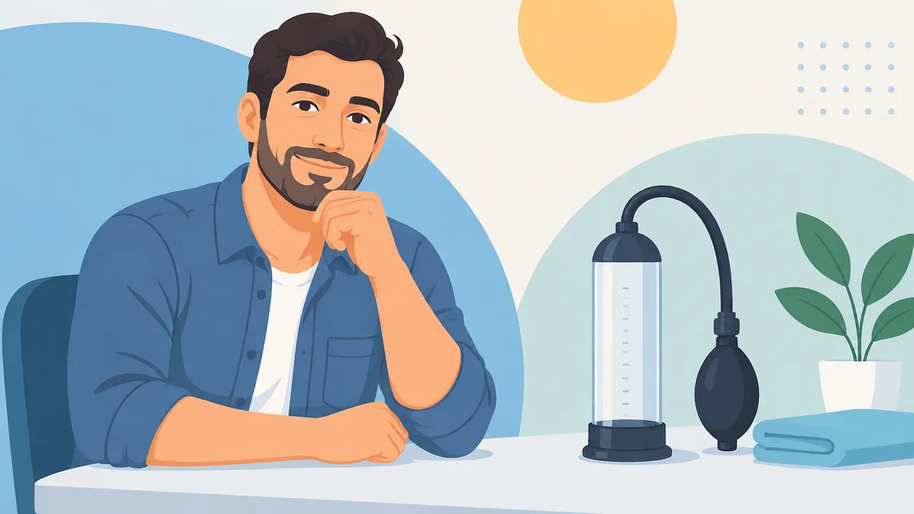 Ilustração educativa de um homem adulto e um dispositivo esquemático de vácuo para saúde sexual masculina