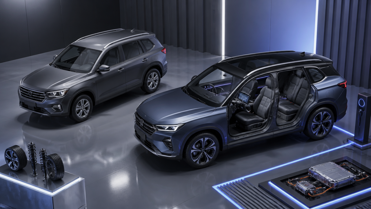 Ilustração em 3D isométrico comparando dois SUVs de preço semelhante, com destaque para tecnologia e acabamento.