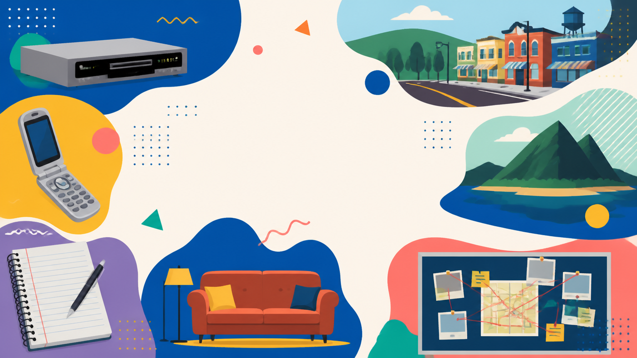Ilustração em mosaico com objetos que simbolizam séries marcantes dos anos 2000.