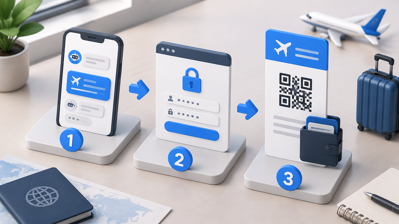 Ilustração em três etapas do pedido de check-in, autenticação e cartão de embarque no celular