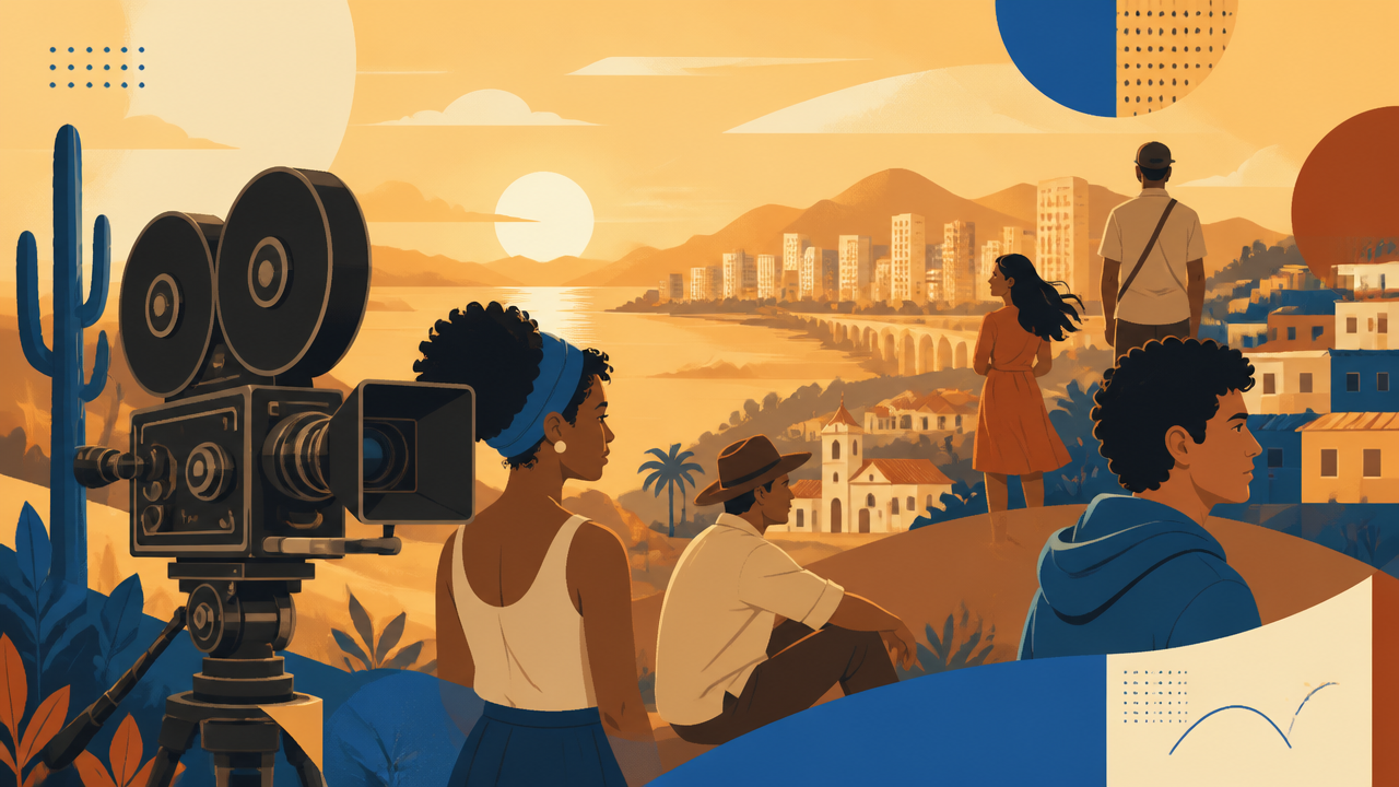 Ilustração estilizada com câmera antiga, paisagem de sertão e cidade, representando movimentos do cinema brasileiro.