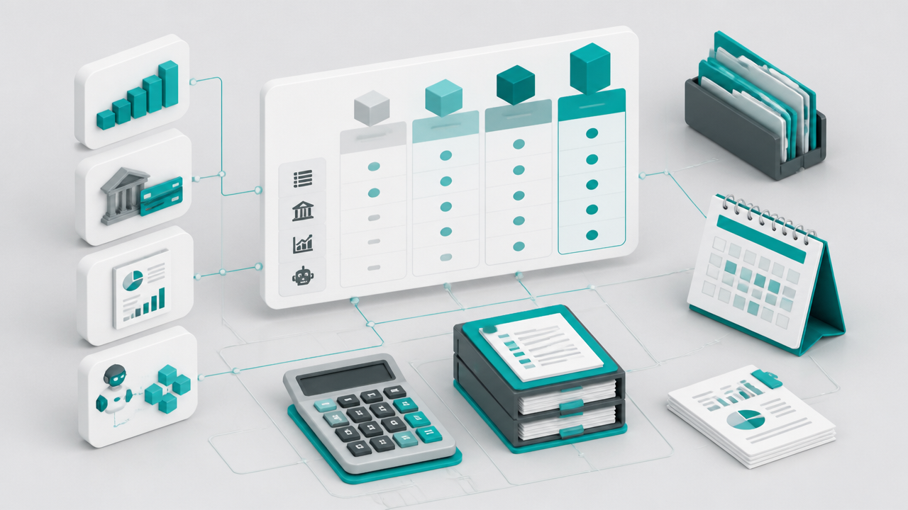 Ilustração isométrica com painel de precificação de BPO financeiro, volume de lançamentos e automações de IA.