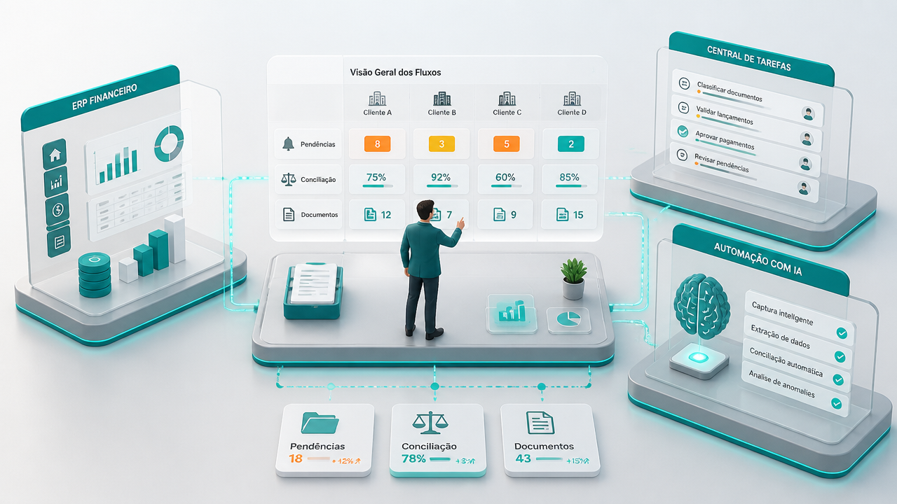Ilustração isométrica comparando ERP, gestão de tarefas e automação com IA no BPO Financeiro.