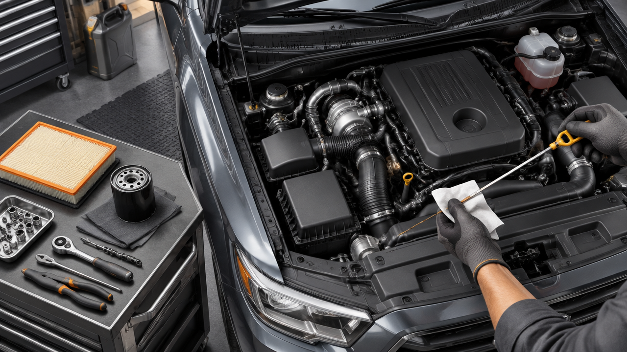 Ilustração isométrica de componentes e verificação preventiva do motor diesel de uma picape