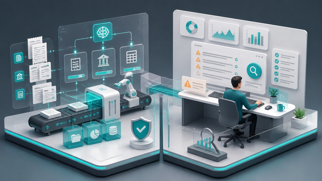 Ilustração isométrica de especialista revisando automações e alertas em uma operação de BPO Financeiro com IA