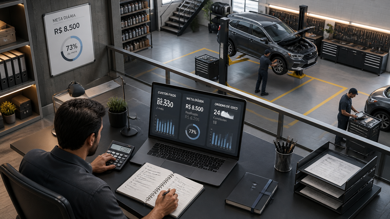 Ilustração isométrica de gestor analisando meta diária e custos de uma oficina automotiva