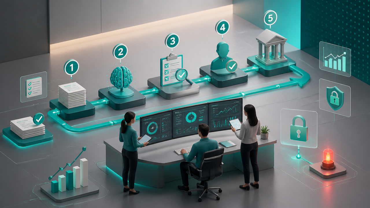 Ilustração isométrica de implantação gradual de IA no BPO Financeiro com etapas, segurança e validação humana.